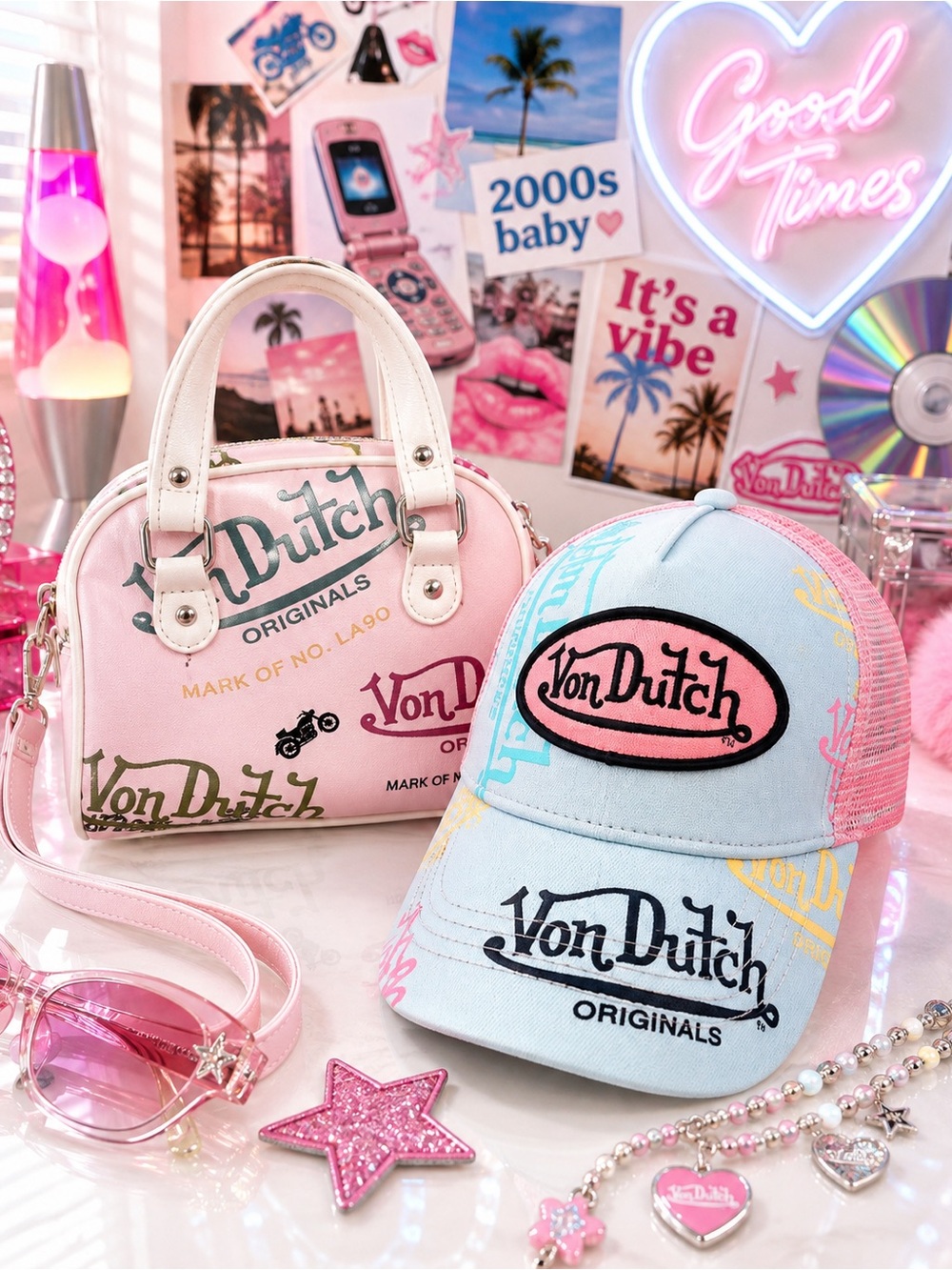 Von Dutch Pink & Blue TrucVon Dutch Pink & Blue Trucker Hat and Mini Handbag Set